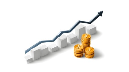 Poster - line chart with upward trend and dollar icons, investment success, isometric style
