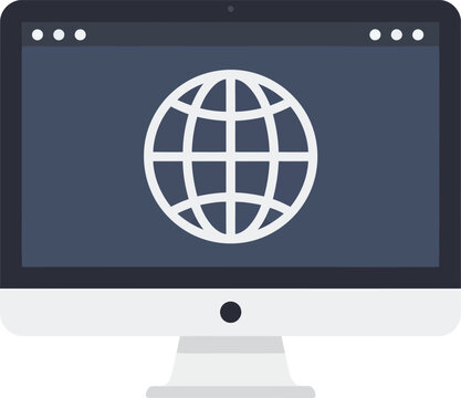 Flat design illustration of a computer monitor displaying a world globe icon.