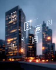 Poster - abstract fintech icons over transparent cityscape, finance and tech blending