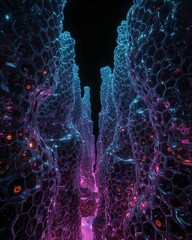 Poster - A futuristic canyon with hexagonal structures illuminated in blue and purple light in a dark setting