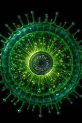 Poster - A glowing green and black orb with emanating light and a textured outer ring on a black background