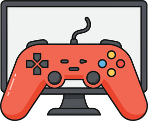 Poster - A red video game controller connected to a computer monitor, displaying a game screen.