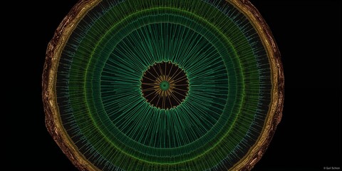 Poster - Abstract concentric circles in shades of green and brown on a black background design element