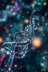 Poster - Detailed close up of a dna strand with colorful lights in the background and a dark background