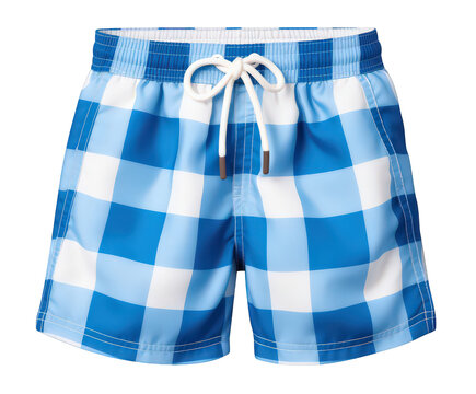Presenting a pair of stylish blue and white checkered swim trunks, ideal for summertime fun and aquatic adventures, rendered with a transparent background for versatile design applications.