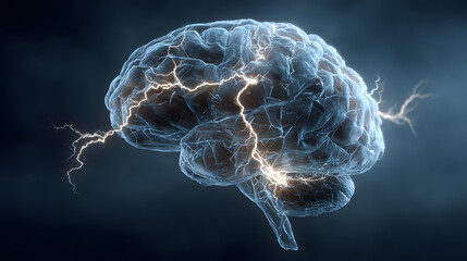 Poster - Human brain digital illustration. Electrical activity, flashes and lightning on a blue background. Digital Illustration of the Human Brain. Electrical Activity, Flashes, and Lightning on a Blue Backgr