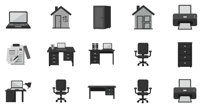 Illustration of office and home furniture elements arranged in a seamless pattern