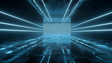 Poster - Futuristic Blue Neon Corridor with Geometric Patterns