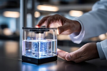 Poster - Scientist conducts experiment with water and light in modern laboratory setting