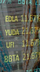 Poster - Animation of stock market and financial data processing over empty warehouse