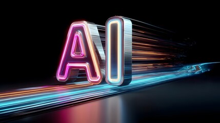 Poster - Neon 'AI' Letters with Dynamic Light Trails on a Reflective Surface