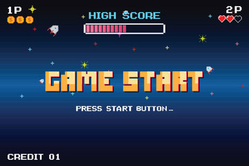 Poster - GAME START. pixel art .8 bit game. retro game. for game assets in vector illustrations. arcade gaming.