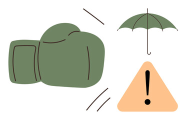 Poster - Boxing glove in motion alongside green umbrella and warning triangle with exclamation mark. Ideal for risk management, caution, conflict resolution, safety measures, insurance concept, protection