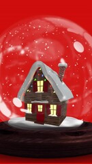 Poster - Animation of house in snow globe over red background