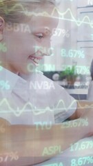 Poster - Animation of trading board over caucasian students using digital tablet in classroom
