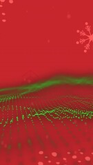 Poster - Animation of snow falling over christmas decorations and fir trees with green mesh on red background