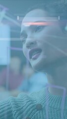 Poster - Animation of screens of mosaic squares over woman writing on glass board at office