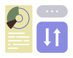 Poster - Abstract pie chart with divided segments, text layout, navigation arrows, and button interface. Ideal for analytics, reports, navigation, UX statistics technology minimal design. A simple flat