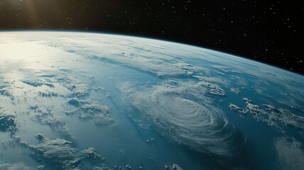 Wall Mural - sunrise glowing over curved earth, reflecting on ocean surface with space darkness surrounding plane