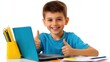 © Iaroslav - Young boy in plaid shirt giving thumbs up while working on laptop, representing digital enthusiasm and achievement