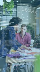 Poster - Animation of interface with data processing over diverse colleagues discussing together at office