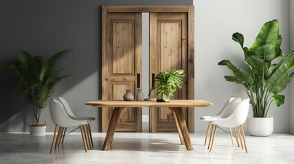 Poster - Sunlight illuminating a modern dining room with wooden furniture, potted plants, and a closed wooden door