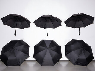 Poster - A symmetrical arrangement of six black umbrellas displayed against a plain white background in a studio shot