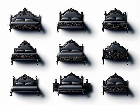 A grid of nine ornate black beds with decorative headboards on a white background casting shadows
