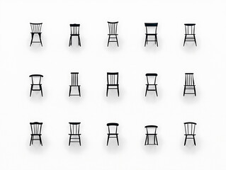 Poster - Fifteen black chairs arranged in a grid pattern against a stark white background showcasing symmetry