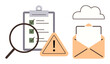 © robu_s - Magnifying glass over checklist, warning sign, email, and cloud suggest evaluation, task management, notifications, communication. Ideal for productivity, organization warning alert email