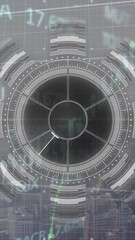 Poster - Animation of round scanner, financial and stock market data processing against view of cityscape