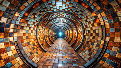 Poster - Perspective view of a tunnel with square tiles and a light at the end of the tunnel space