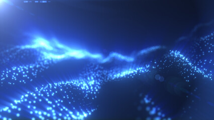 Poster - Blue glowing particle waves forming a futuristic abstract landscape with soft depth and digital texture