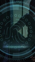Poster - Animation of biometric fingerprint scanner on african american male engineer working at server room
