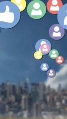 Poster - Animation of colorful profile, heart and like icons over aerial view of modern cityscape under sky