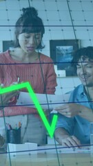 Poster - Animation of multiple graphs and grid pattern, diverse coworkers sharing ideas in office