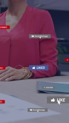 Poster - Animation of notification bars, midsection of diverse coworker discussing and putting hands together