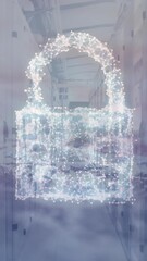 Poster - Animation of network of connections forming a cloud icon, security shield icon against server room