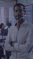 Poster - Animation of stock market data processing against portrait of man smiling at office