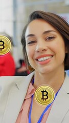 Poster - Animation of bitcoin icons over diverse business people at conference