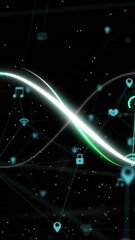 Poster - Animation of infinity symbol over connected icons forming globes against black background