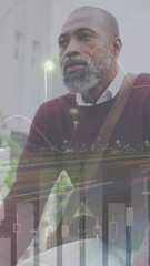 Poster - Animation of financial data processing over african american man riding bike in city