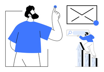 Poster - Man pointing towards email, smaller figure on bar graph interacting with digital search bar. Ideal for communication, strategy, technology, success, growth, analytics, simplicity in flat metaphor