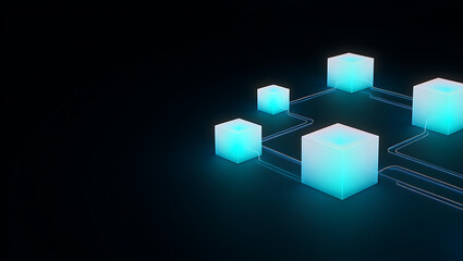 Poster - Glowing blue cubes are connected in a network, symbolizing digital systems and blockchain technology