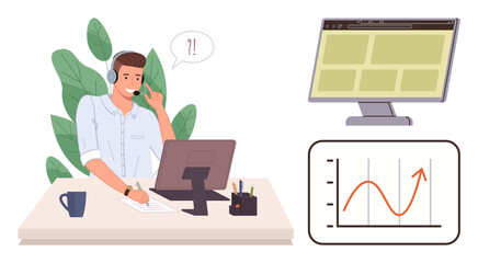 Poster - Professional with a headset multitasking at a desk, analyzing a growth chart and digital interface. Ideal for customer support, remote work, communication, business analysis, productivity