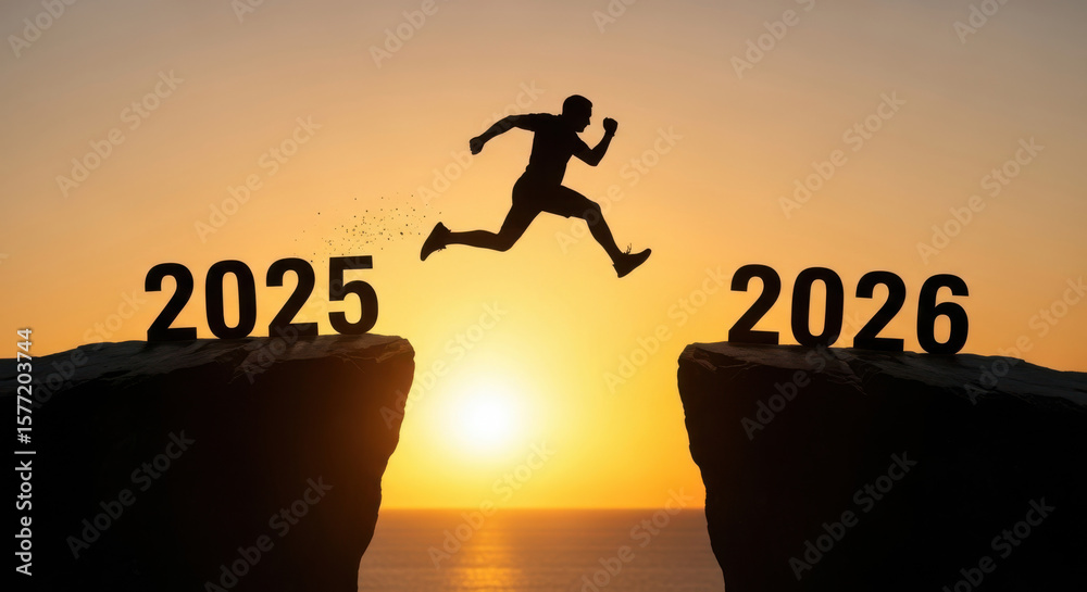 A silhouette of a man jumps between two cliffs from 2025 to 2026 at ...