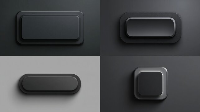 Four dark gray rectangular and square buttons, rendered realistically with subtle shadows, set against dark gray and light gray backgrounds