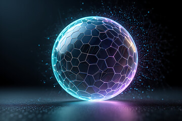 Poster - A glowing, transparent sphere with a hexagonal network pattern symbolizes global digital connection and futuristic technology