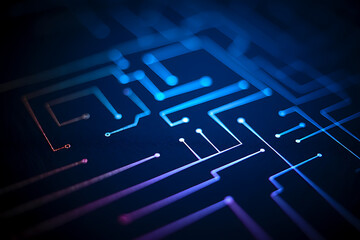 Poster - A closeup of a glowing blue circuit board, showcasing the intricate network of electronic pathways and connections