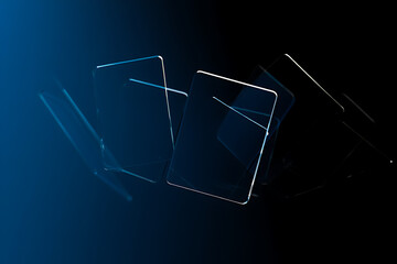 Poster - Abstract geometric glass shapes float against a dark blue background, creating a modern and futuristic design